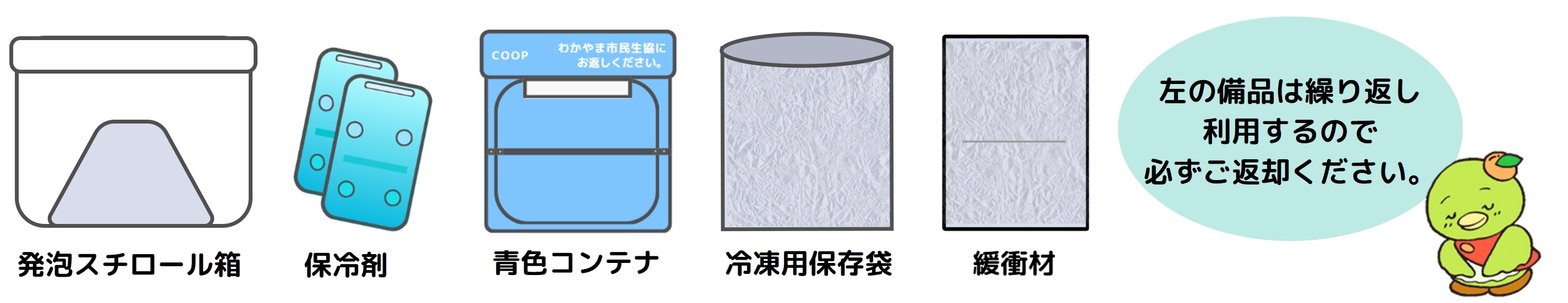 発泡スチロール箱、保冷剤、青色コンテナ、保冷袋は繰り返し利用するので必ずご返却ください。